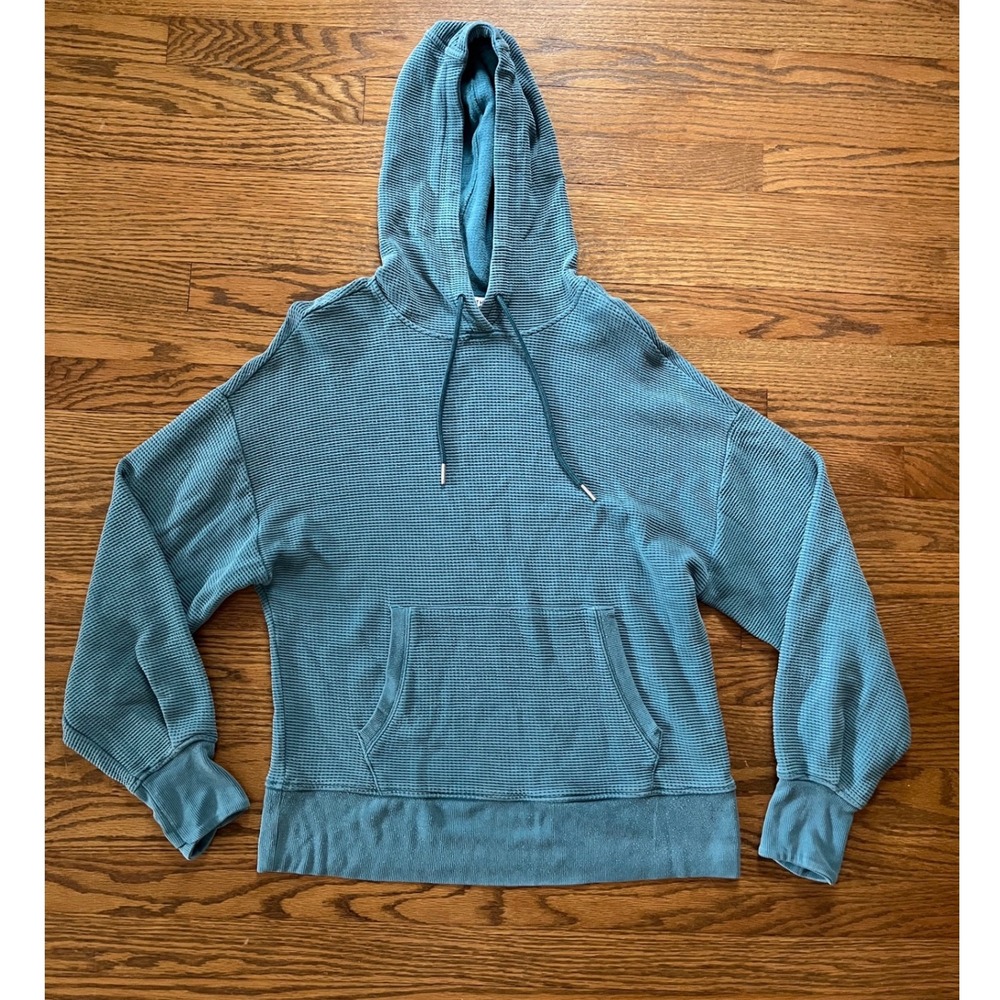 Athleta Balance Waffle Hoodie Teal Blue Pullover Sweatshirt Medium